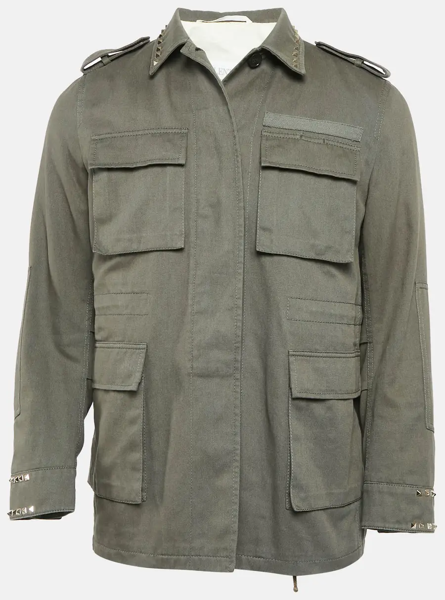 Valentino Khaki Green Studded Gabardine Cotton Utility Jacket XXL