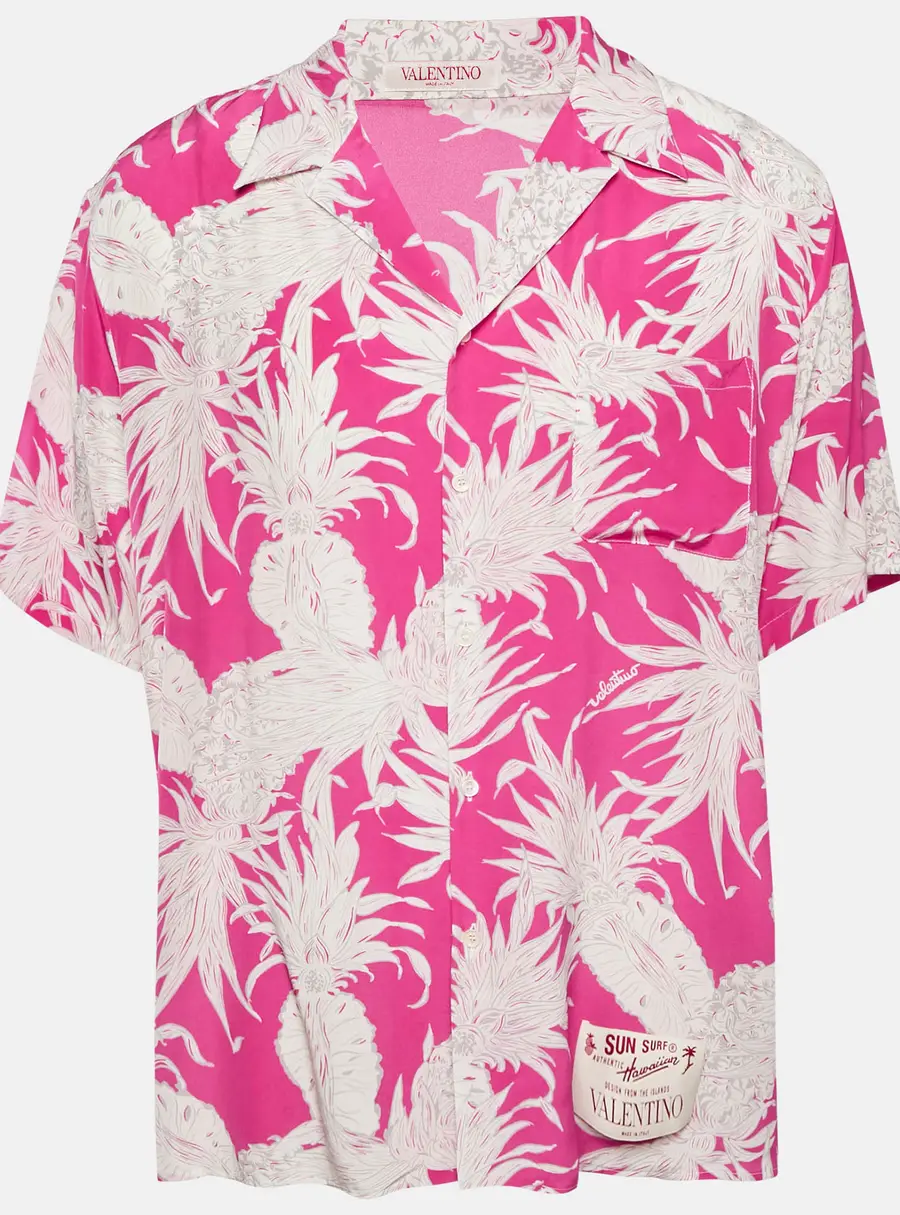 Valentino Pink Printed Silk Oversized Bowling Shirt M
