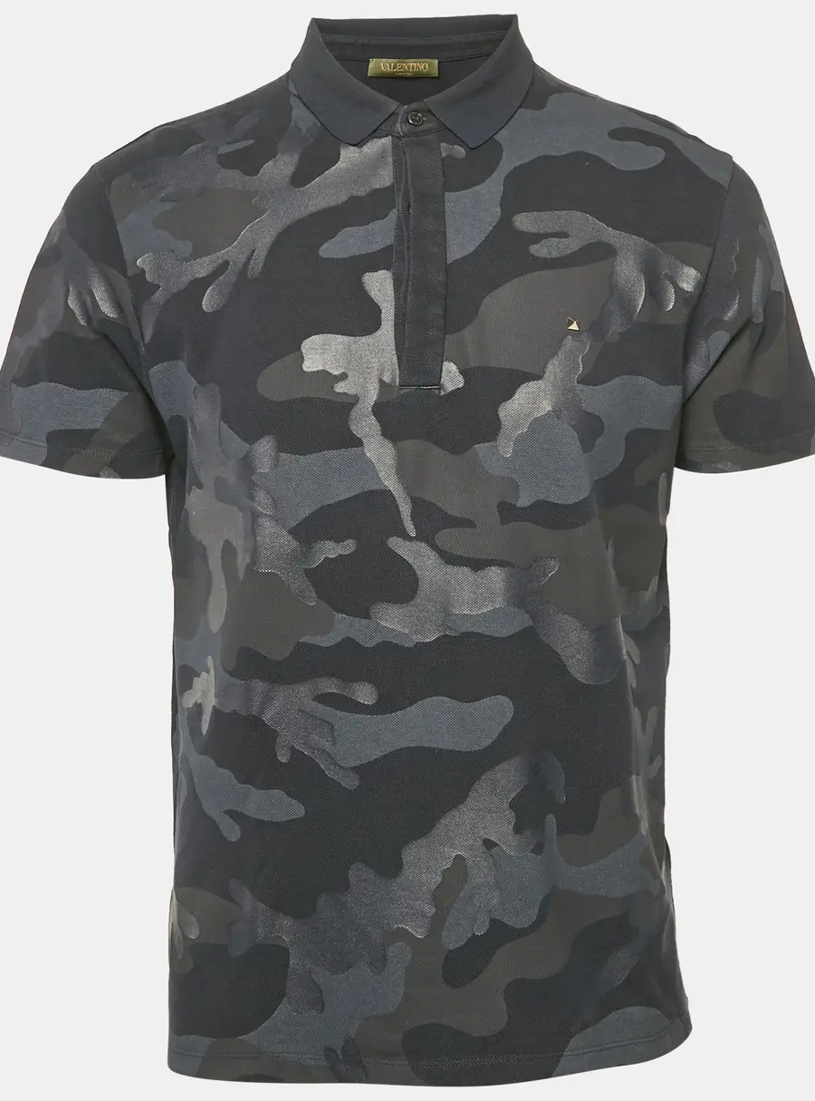 Valentino Navy Blue Camouflage Print Cotton Pique Polo T-Shirt M