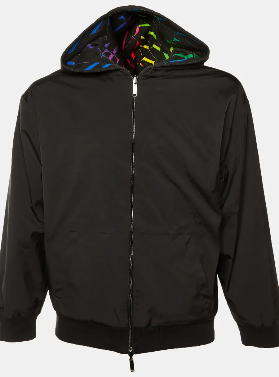 Valentino Black VLT Print Synthetic & Cotton Reversible Hooded Jacket S
