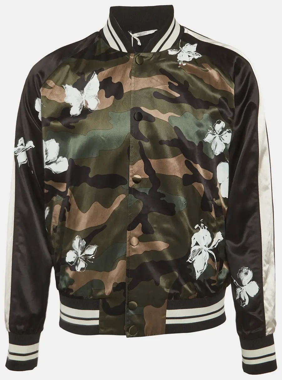 Valentino Multicolour Camouflage Print Satin and Knit Mariposa Bomber Jacket S