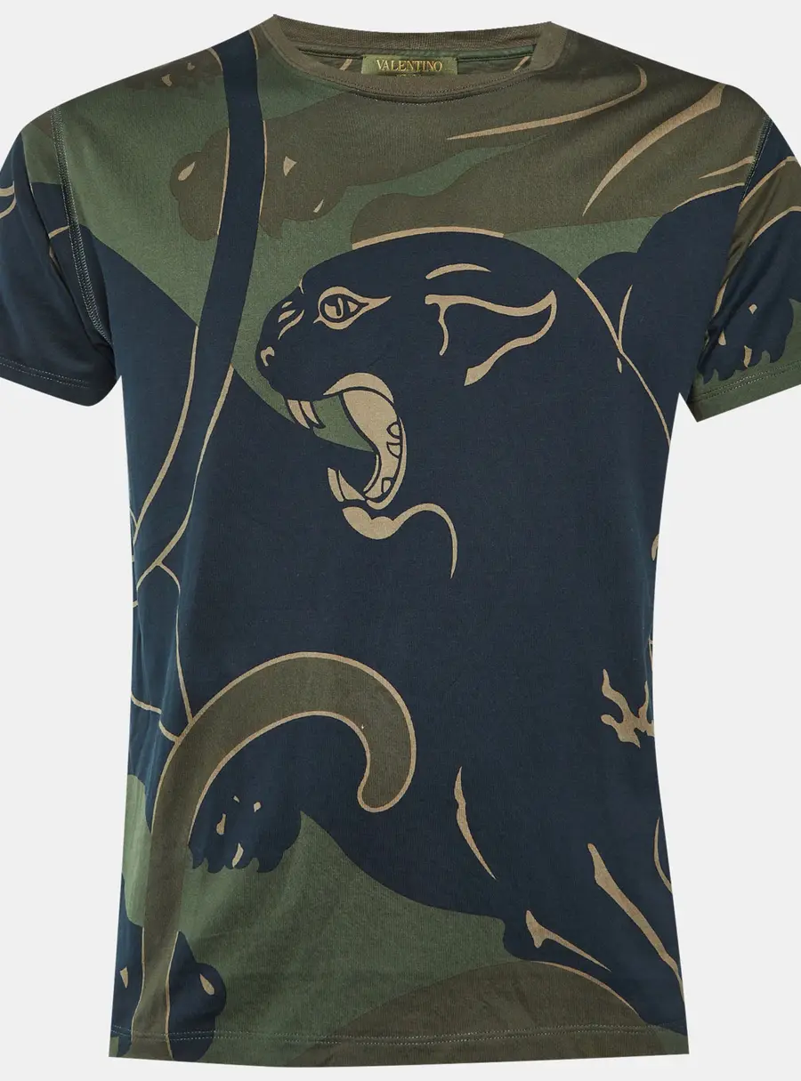Valentino Green Camo Panther Print Cotton Crew Neck T-Shirt S