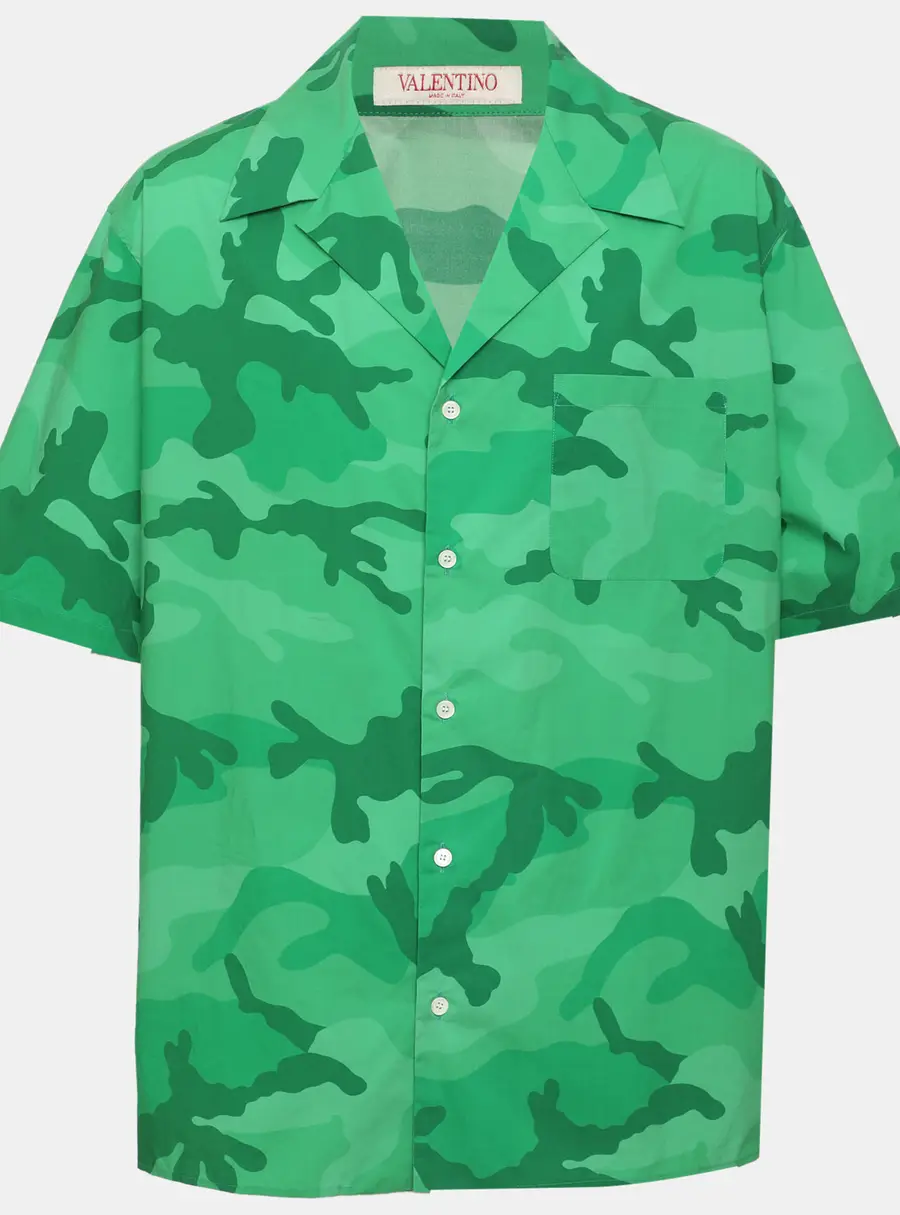 Valentino Green Camouflage Print Poplin Camp Shirt L