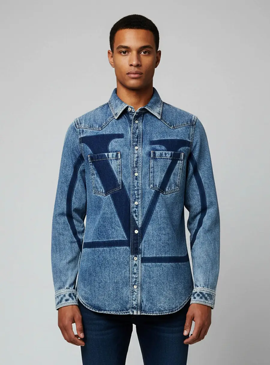 Valentino Blue Signature V Logo Print Denim Button-Up Shirt M