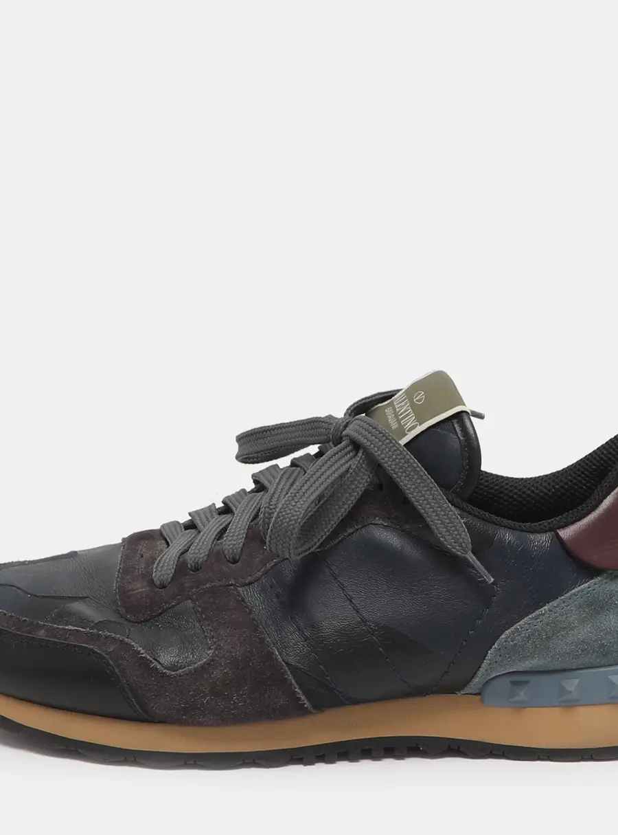 Valentino Rockrunner Size 41 Blue Camouflage Canvas and Suede Low Top Sneakers