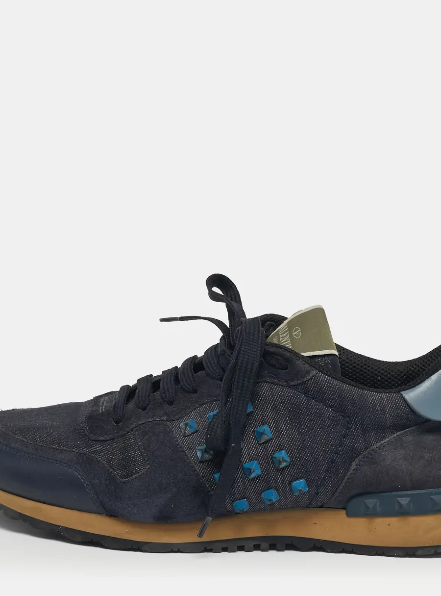 Valentino Rockrunner Size 42 Navy Blue Leather and Suede Lace Up Sneakers
