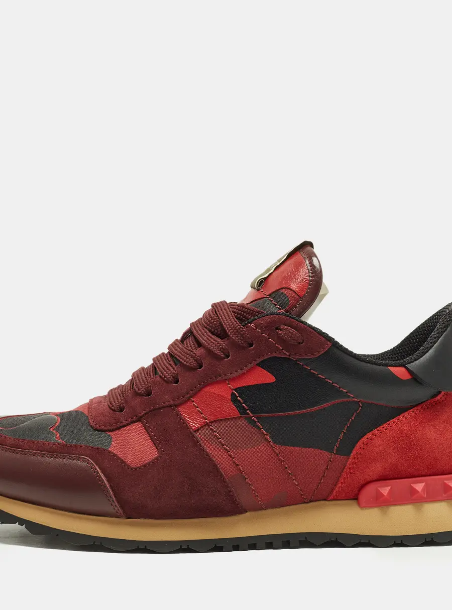 Valentino Rockrunner Size 42.5 Red Camouflage  Suede and Leather Lace Up Sneakers