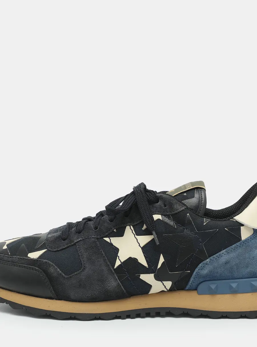 Valentino Rockrunner Size 45 Blue Camouflage Canvas and Leather Low Top Sneakers