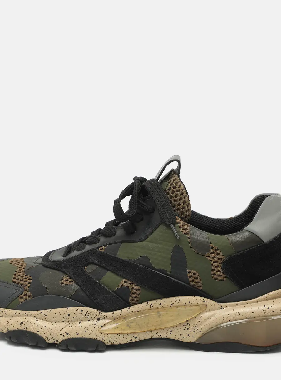Valentino Bounce Trainer Size 41 Camouflage Military Green Fabric and Leather Sneakers