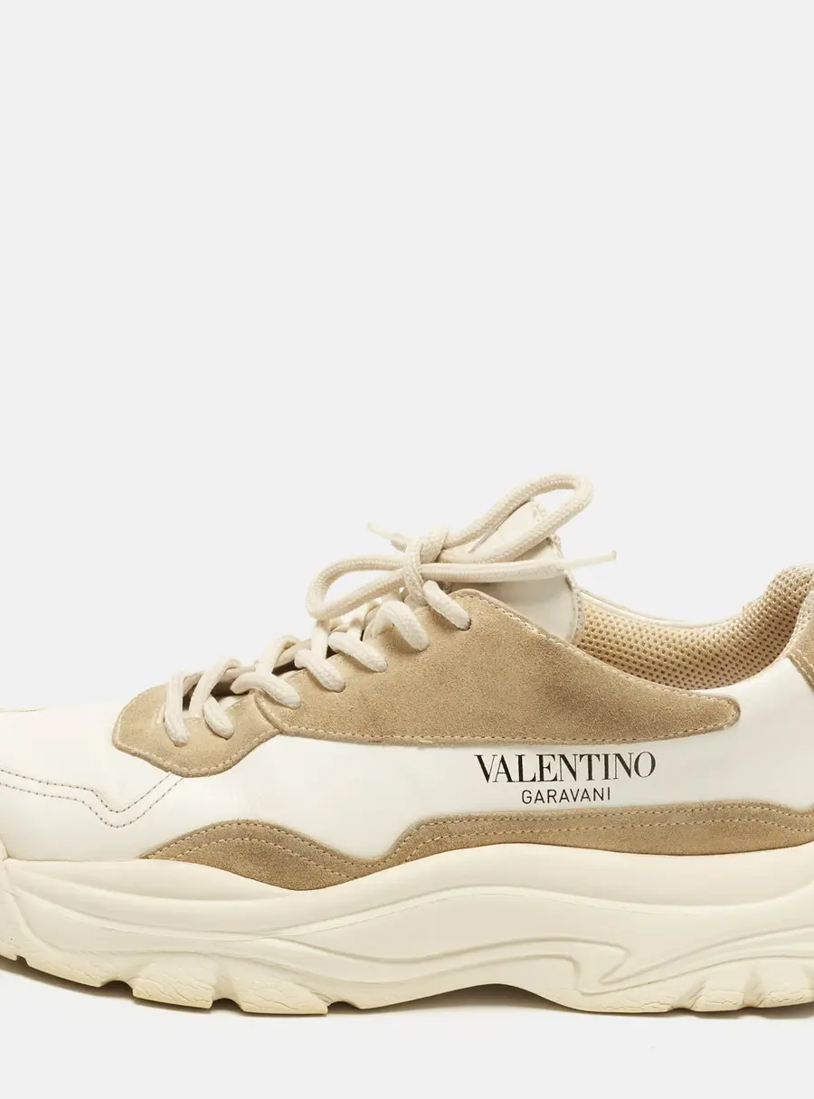 Valentino Gumboy Size 42.5 White/Beige Leather and Suede Lace Up Sneakers