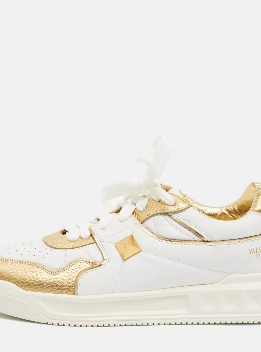 Valentino One Stud Size 42.5 White/Gold Leather Lace Up Sneakers