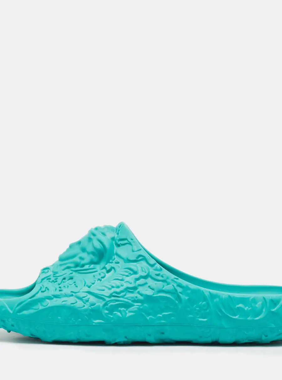 Versace Turquoise Blue Baroque Medusa Embossed Rubber Pool Slides Size 43
