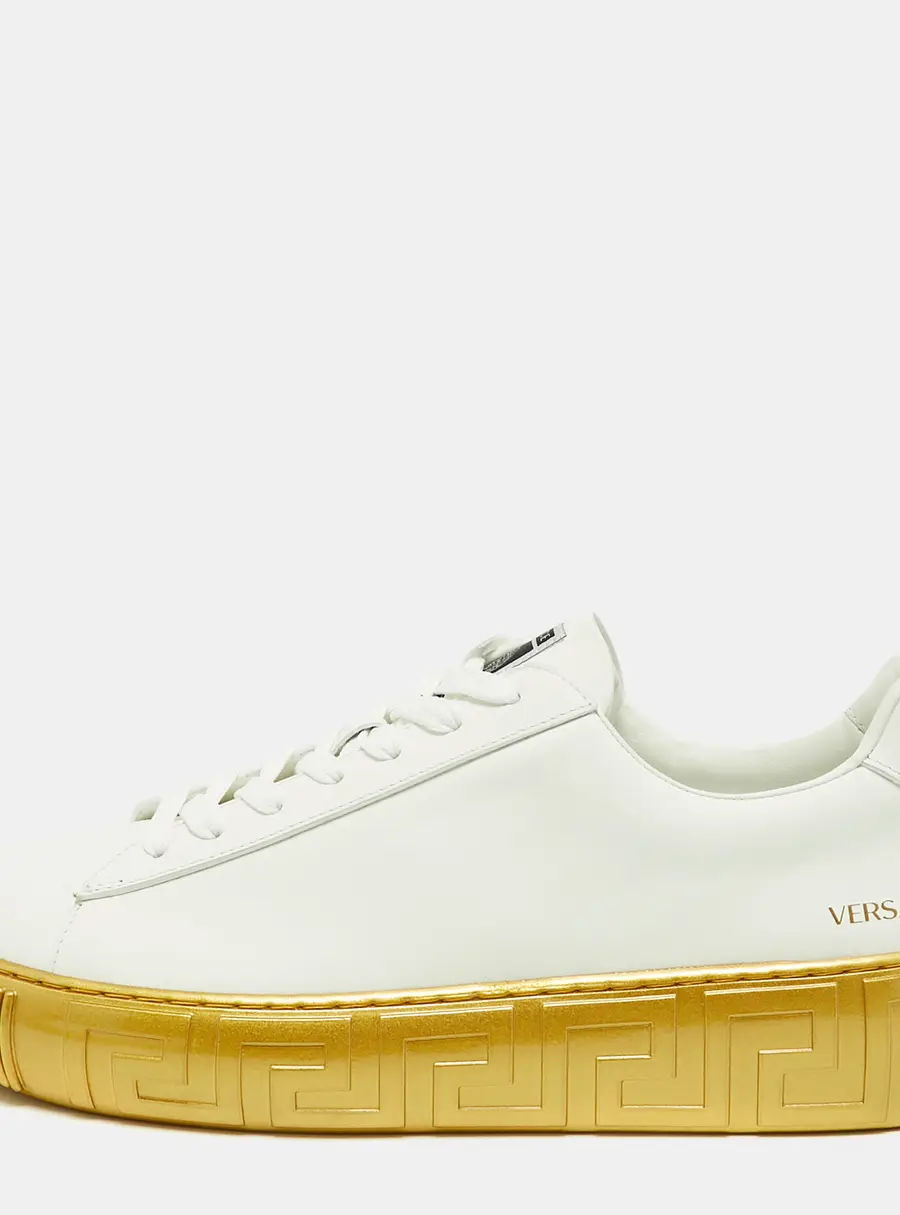 Versace Greca Size 46 White/Gold Leather Low Top Sneakers