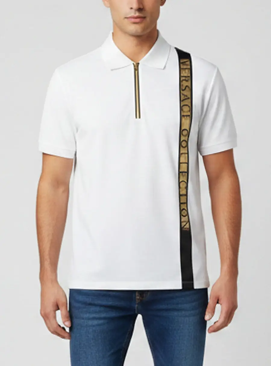 Versace Collection White Jersey Half-Zip Logo Stripe Polo Shirt L