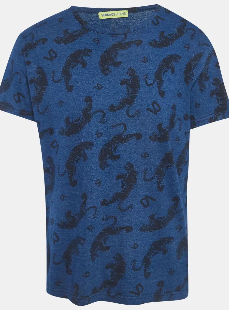 Versace Jeans Blue Tiger Print Jersey Crew Neck T-Shirt XL