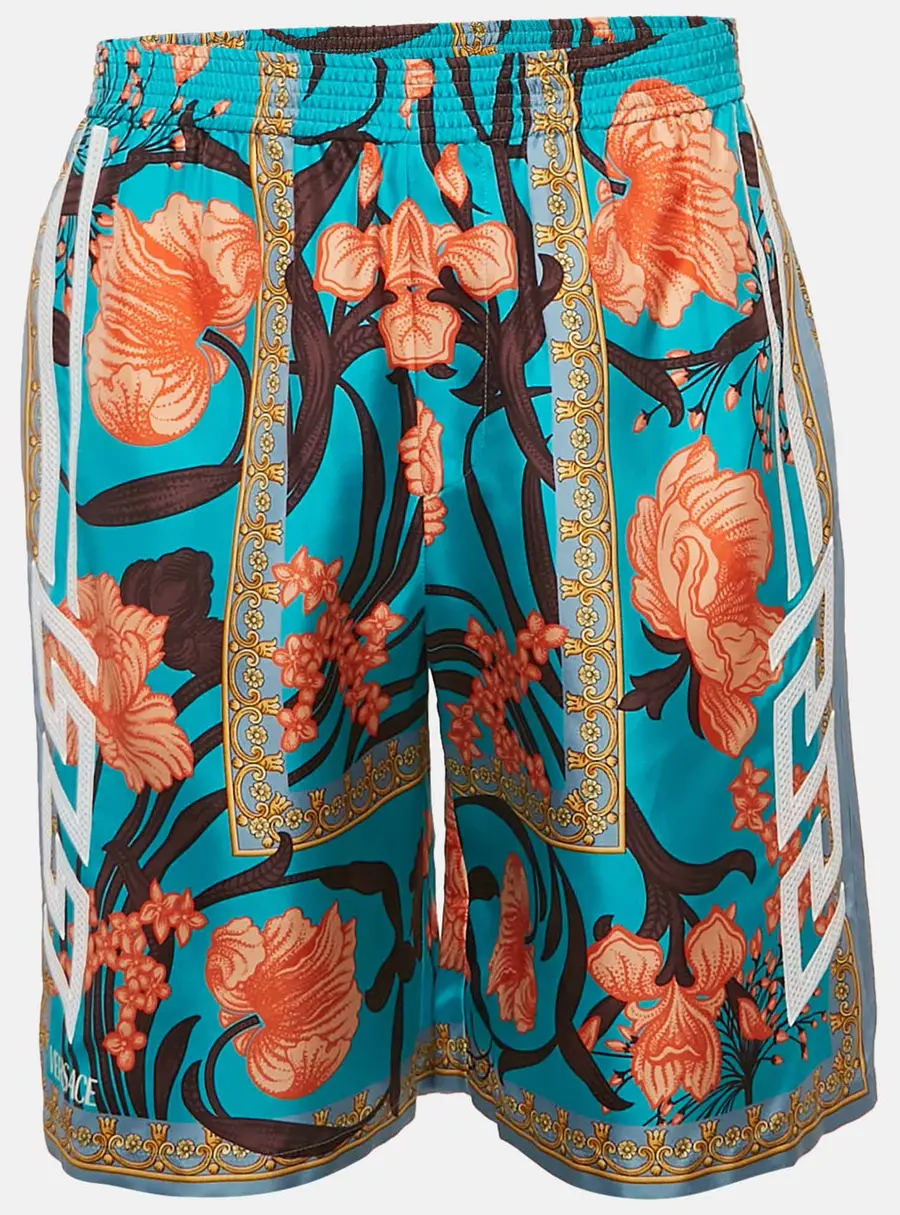 Versace Blue Acid Bouquet Print Silk Shorts XS