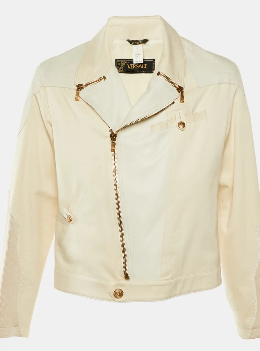 Versace Vintage Cream Leather & Cotton Zip Up Jacket XL