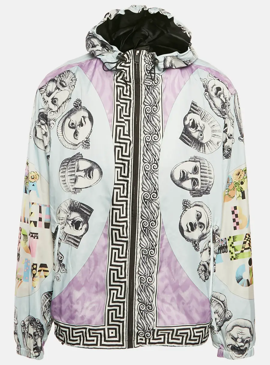 Versace Blue Printed Nylon Zip Front Jacket 4XL