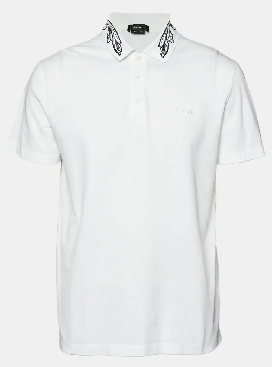Versace White Floral Embroidered Collar Pique Polo T-Shirt XXL