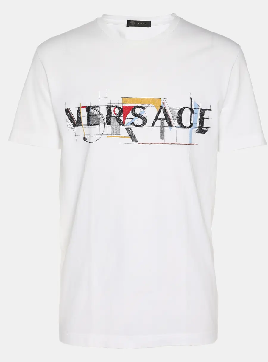 Versace White Logo Embroidered Jersey T-Shirt L