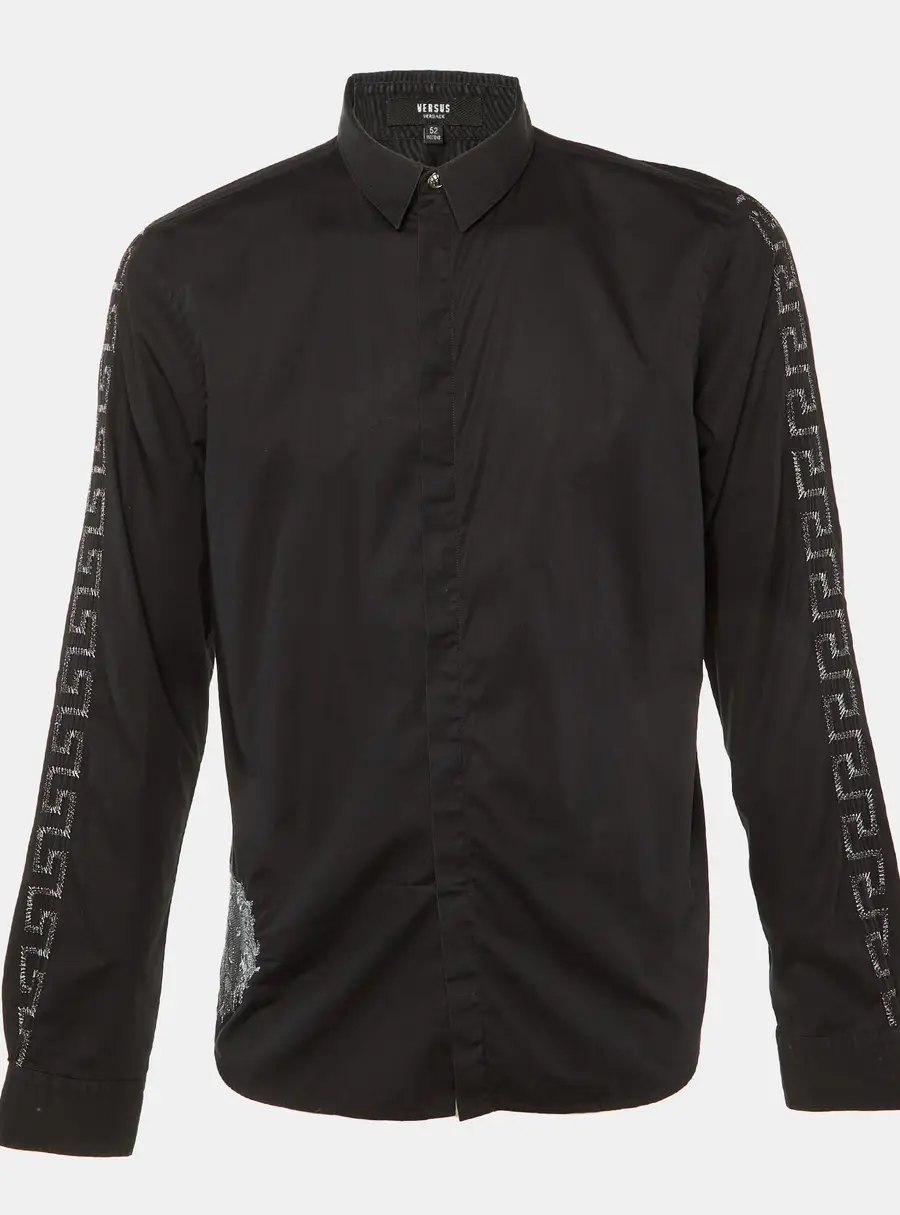 Versus Versace Black Cotton Lion Greca Embroidered Long Sleeve Shirt XL