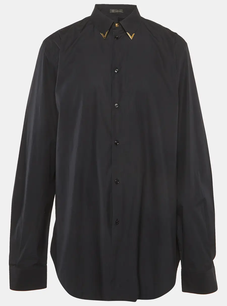 Versace Black Cotton Collar Detail Long Sleeve Shirt XS