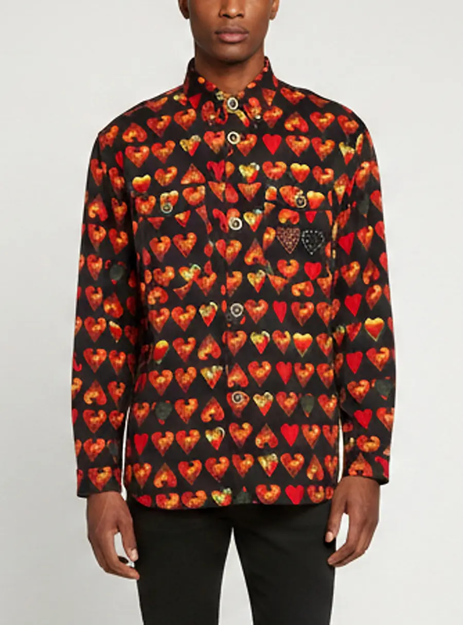 VERSACE Black All Over Heart Print Denim Button Down Shirt XS
