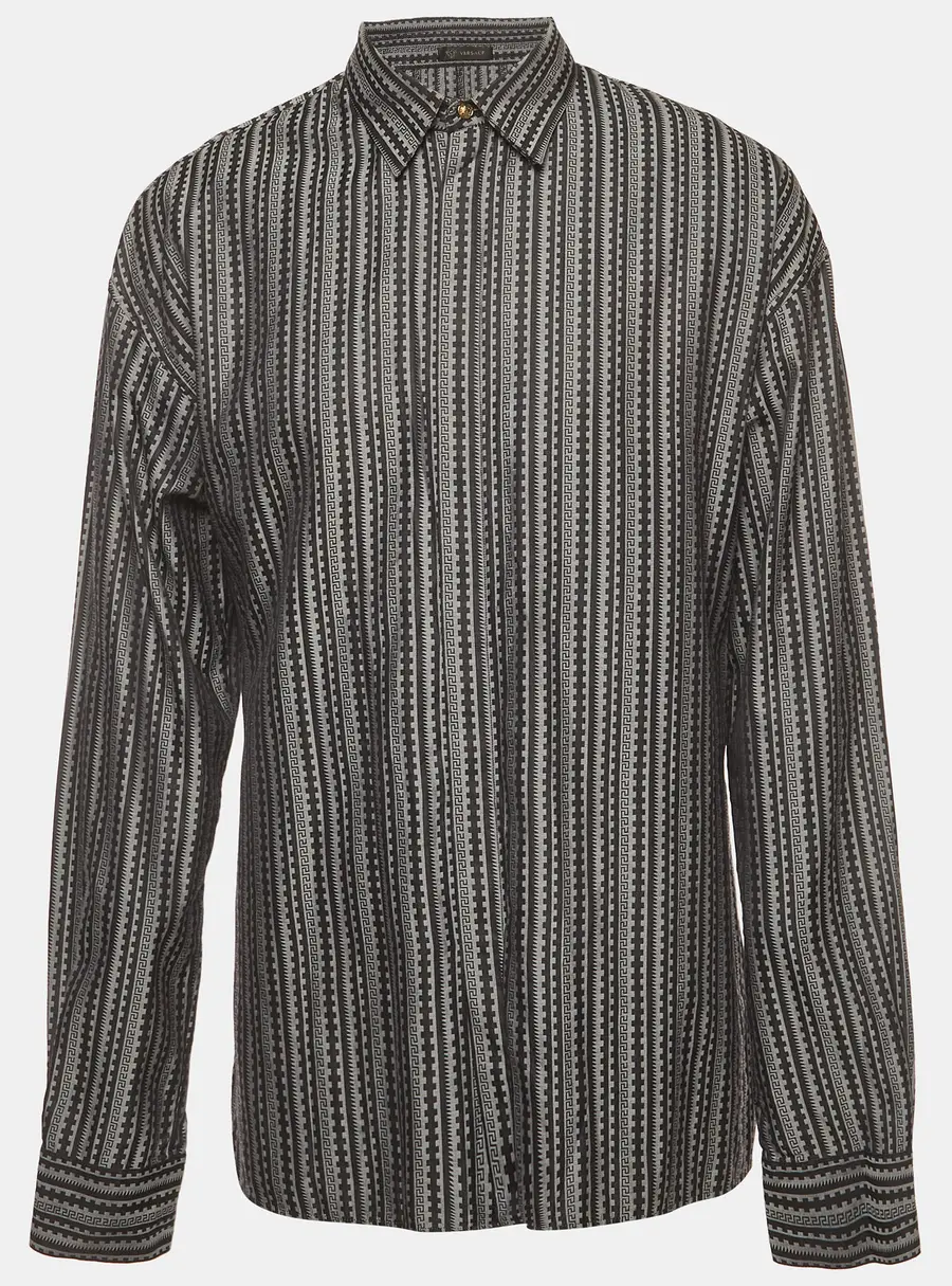 Versace Grey/Black Greca Motif Cotton Button Up Shirt XS