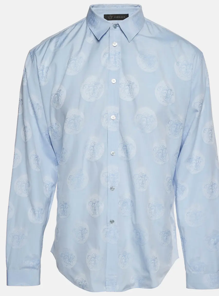 Versace Blue Medusa Head Cotton Button Up Shirt L