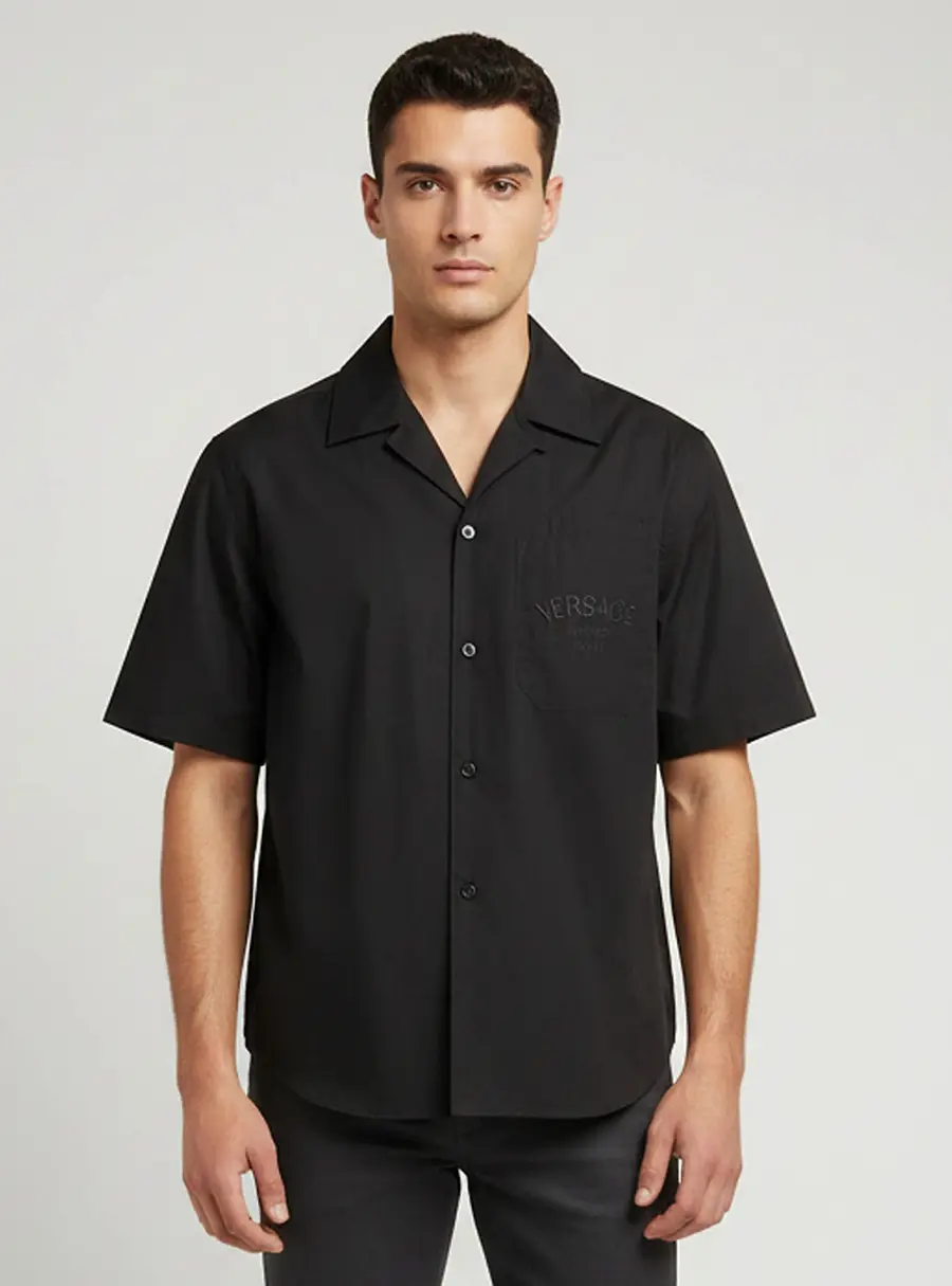 Versace Black Barocco Print Cotton and Silk Short Sleeve Shirt M