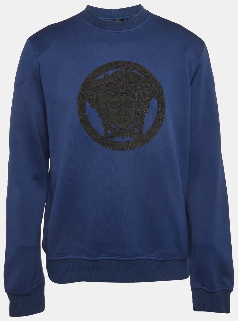 Versace Blue Medusa Leather Trim Knit Crewneck Sweatshirt XL