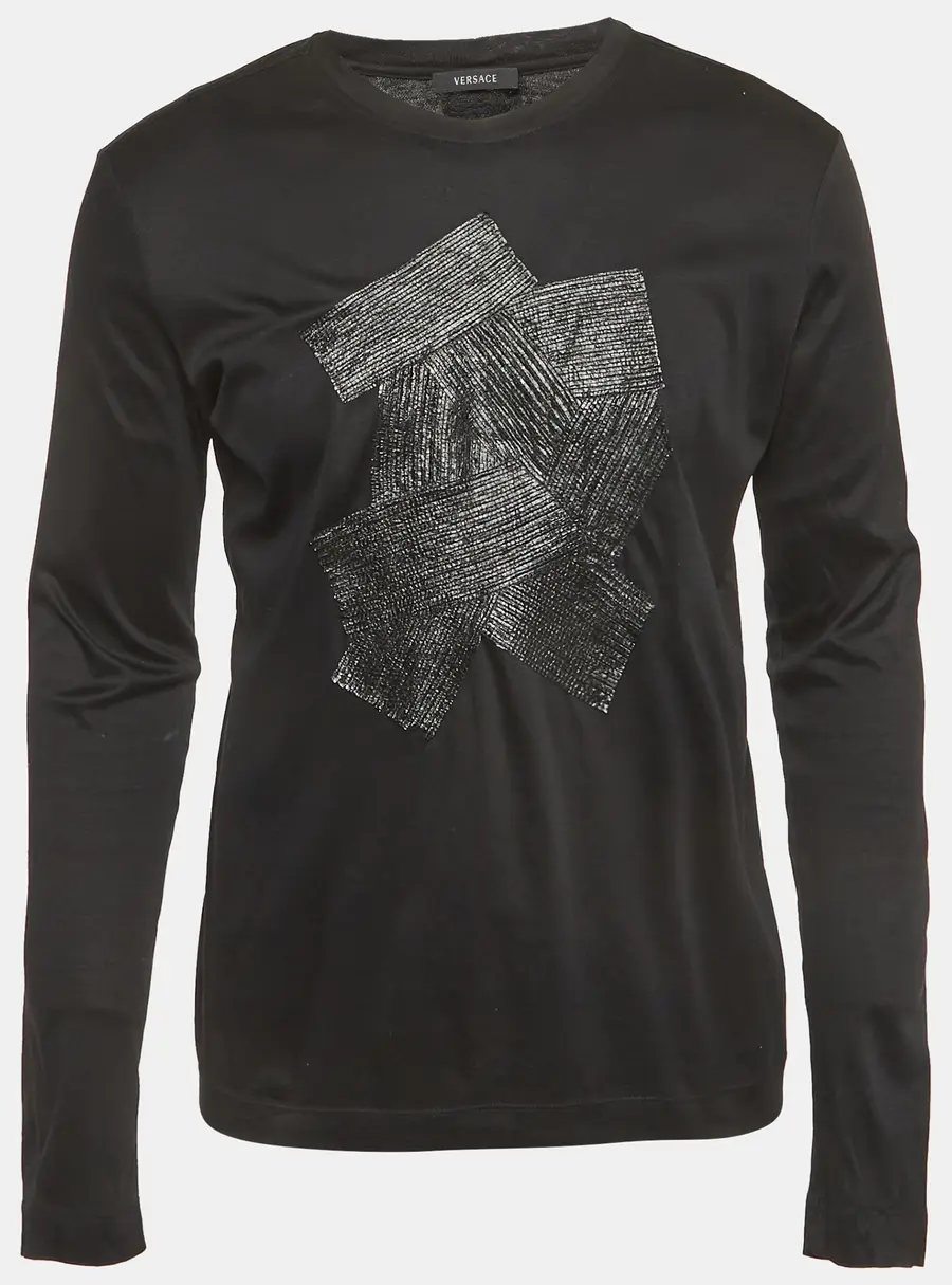 Versace Black Leather Applique Jersey T-Shirt M