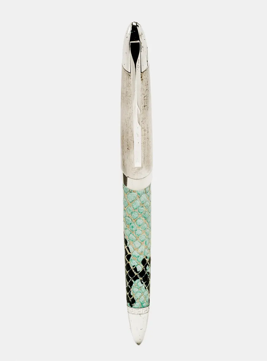 Versace Leather Silver Tone Ballpoint Pen