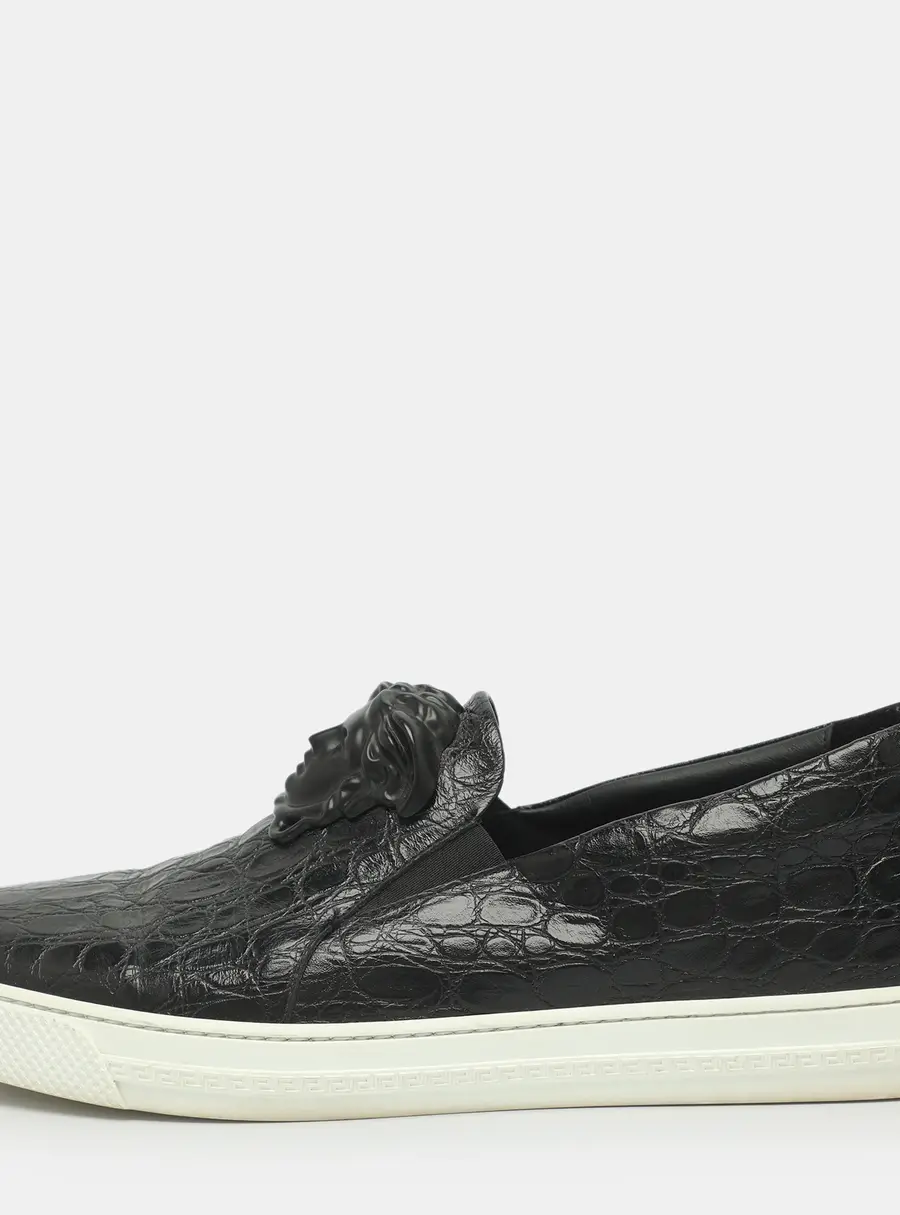 Versace Palazzo Size 46 Black Croc Embossed Leather Slip On Sneakers