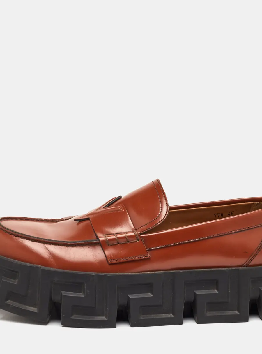 Versace Greca Size 45 Brown Leather Platform Slip On Loafers