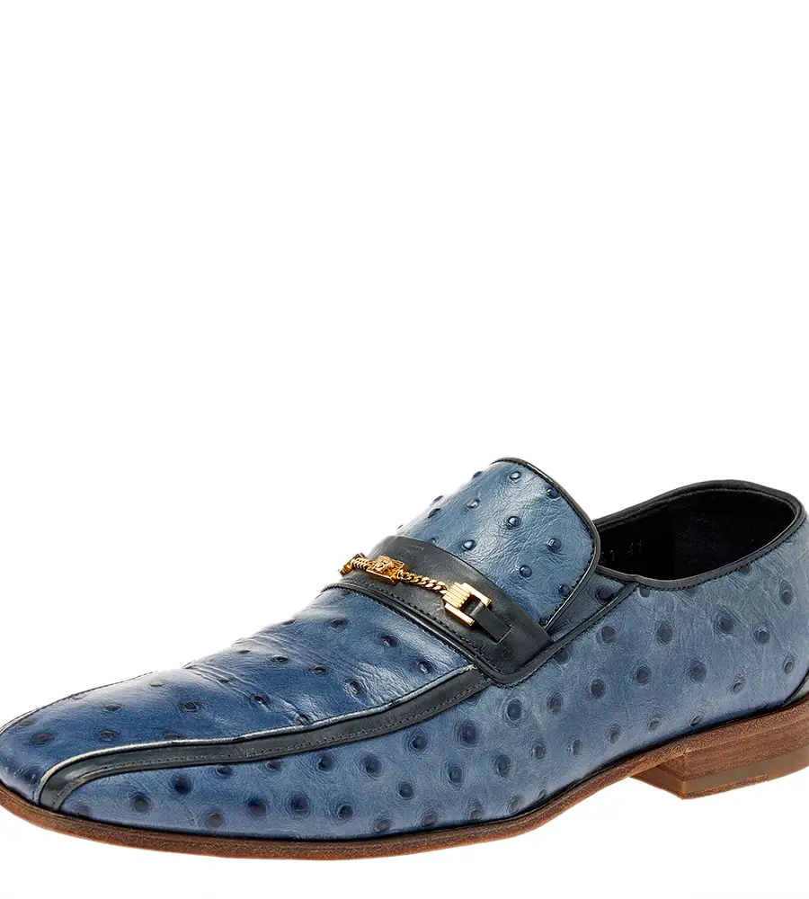 Versace Blue Ostrich Leather Medusa Chain Detail Loafers Size 41