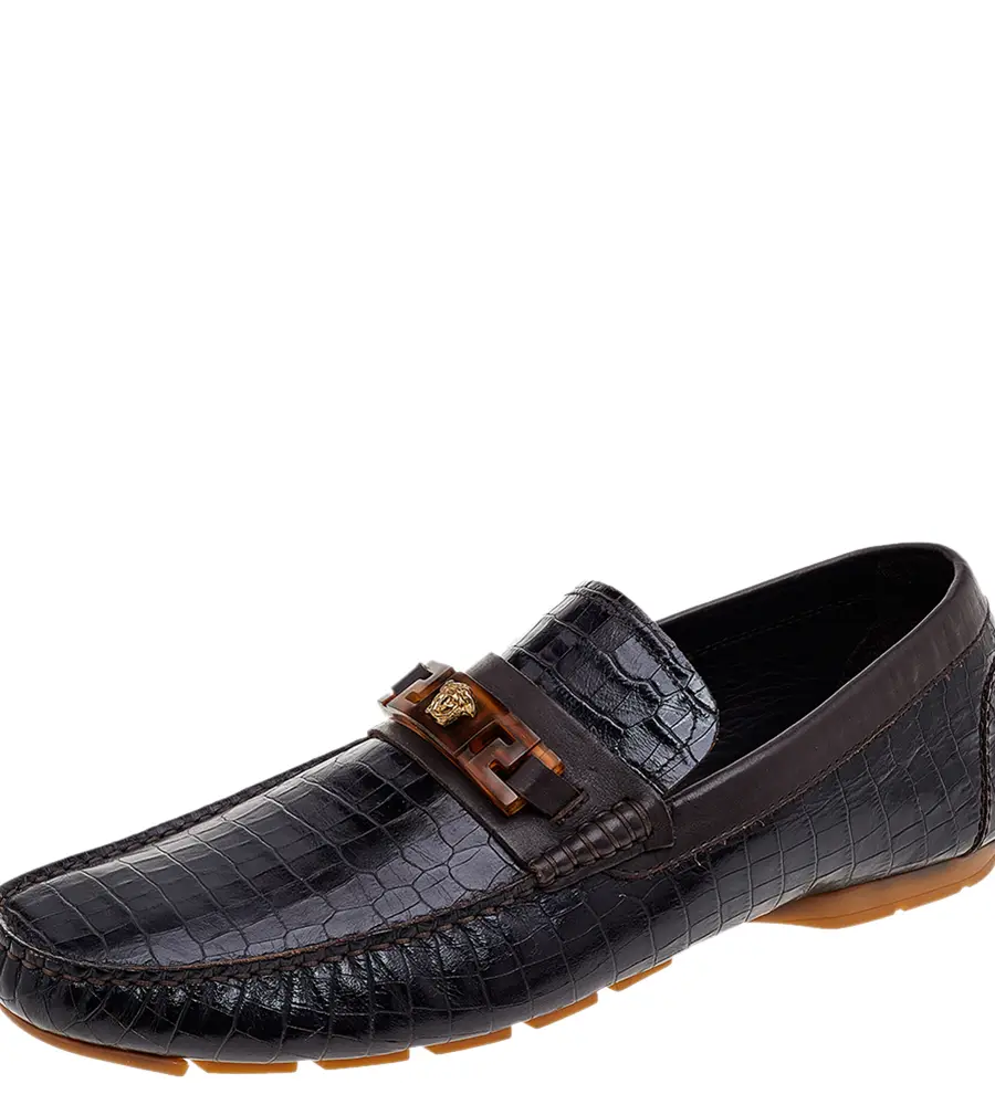Versace Black/Brown Crocodile Leather Medusa Slip On Loafers Size 45