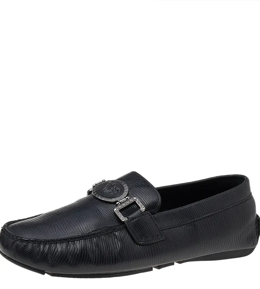 Versace Black Lizard Leather Medusa Slip On Loafers Size 41