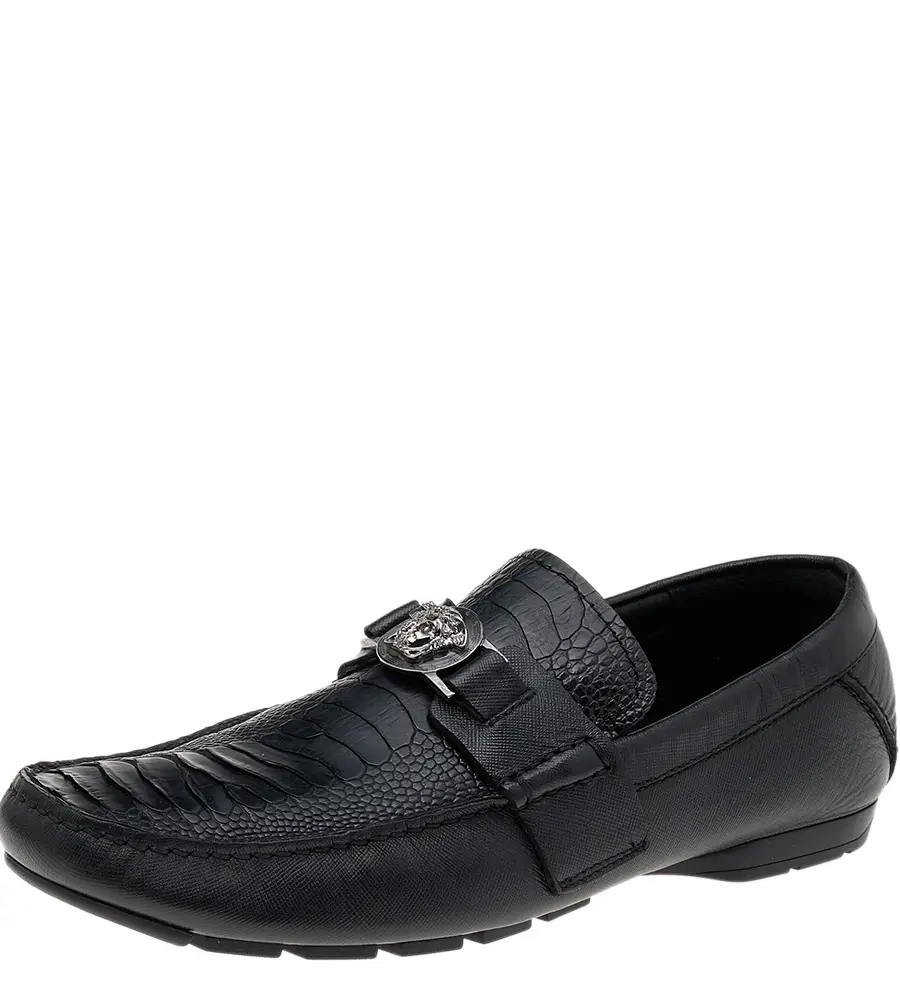 Versace Black Ostrich Leather Medusa Slip On Loafers Size 41