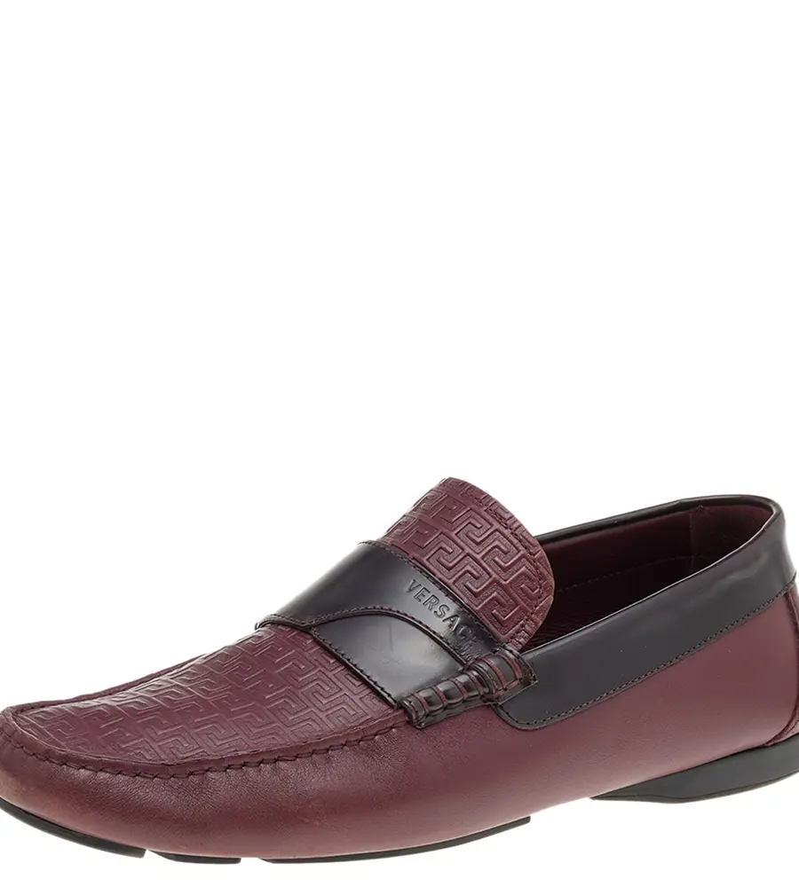Versace Burgundy Monogram Embossed Leather Slip On Loafers Size 43