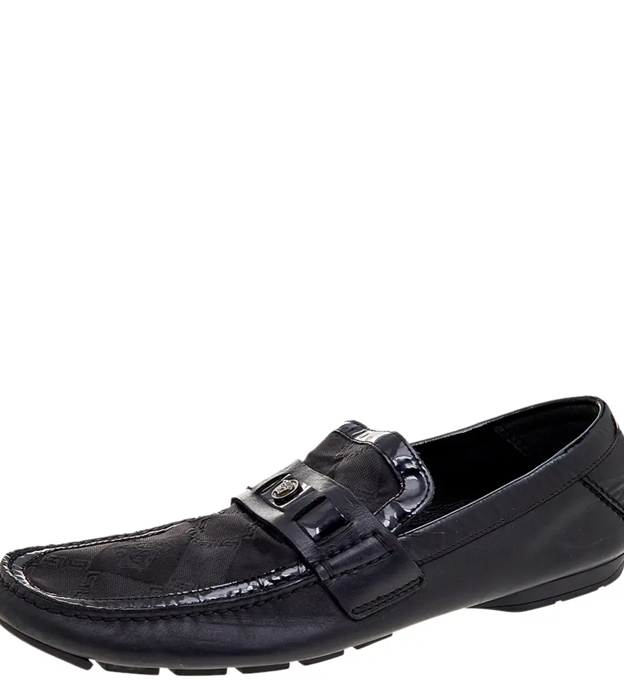 Versace Black Patent Leather And Signature Canvas Medusa Detail Slip On Loafers Size 44