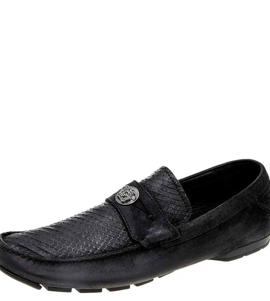 Versace Black Nubuck Leather and Python Medusa Loafers Size 41