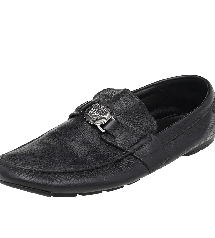 Versace Black Leather Medusa Slip On Loafers Size 44