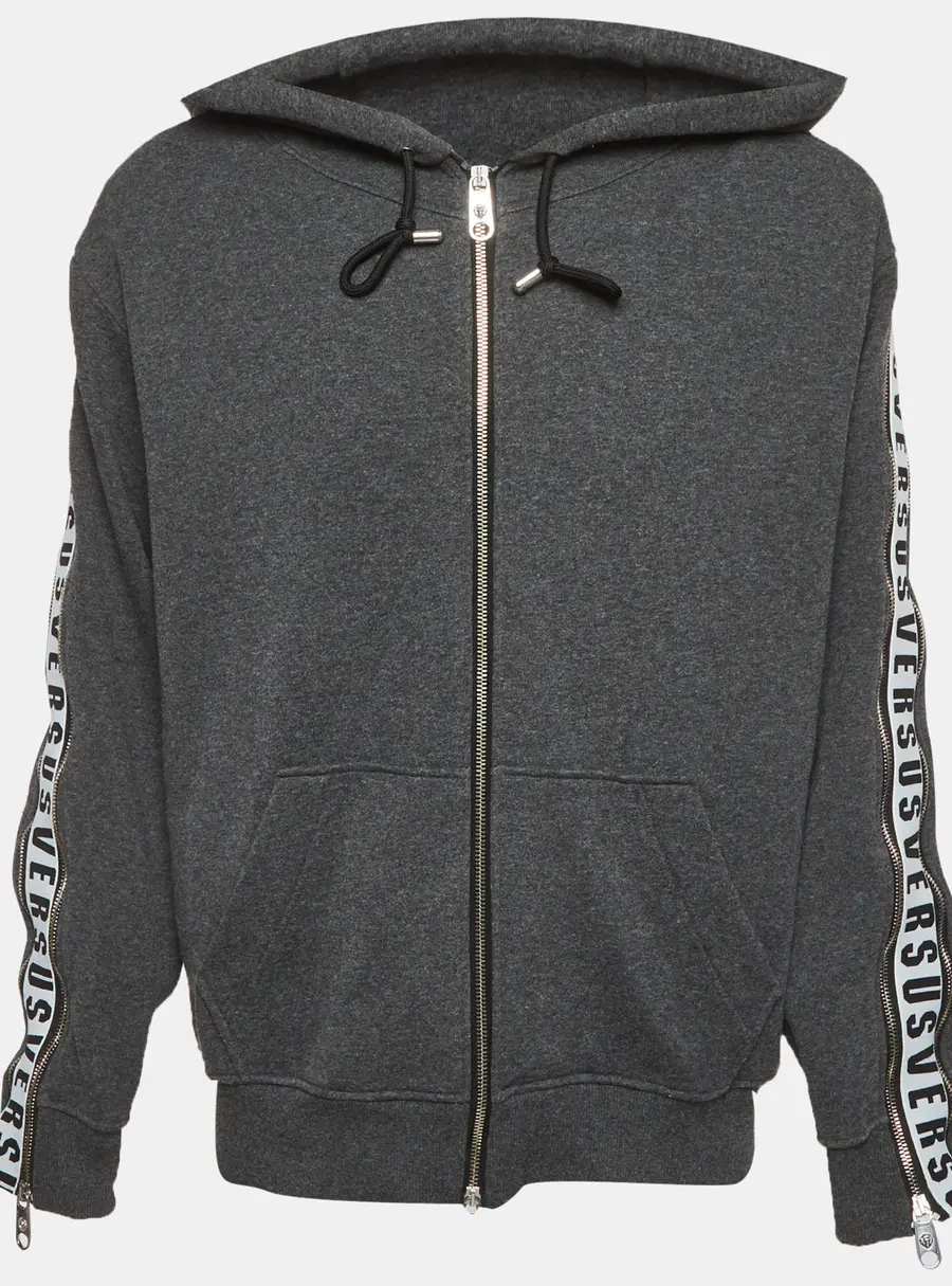 Versus Versace Grey Cotton Knit Logo Tape Zip Detail Hooded Jacket XL