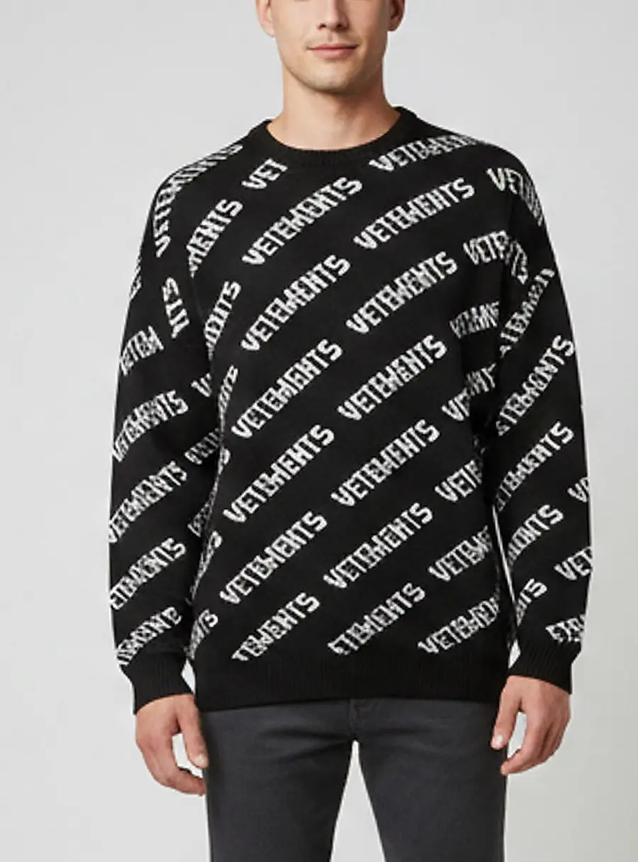 Vetements Unisex Black All Over Logo Knit Oversized Sweater L
