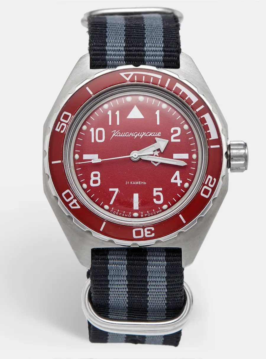 Vostok Komandirski  650840 Red Dial Stainless Steel Fabric Men's Wristwatch 42mm