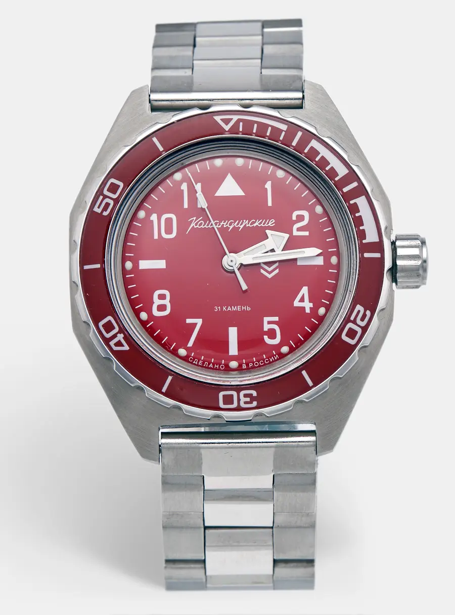 Vostok Komandirskie 650840 Red Dial Stainless Steel Men's Wristwatch 42mm