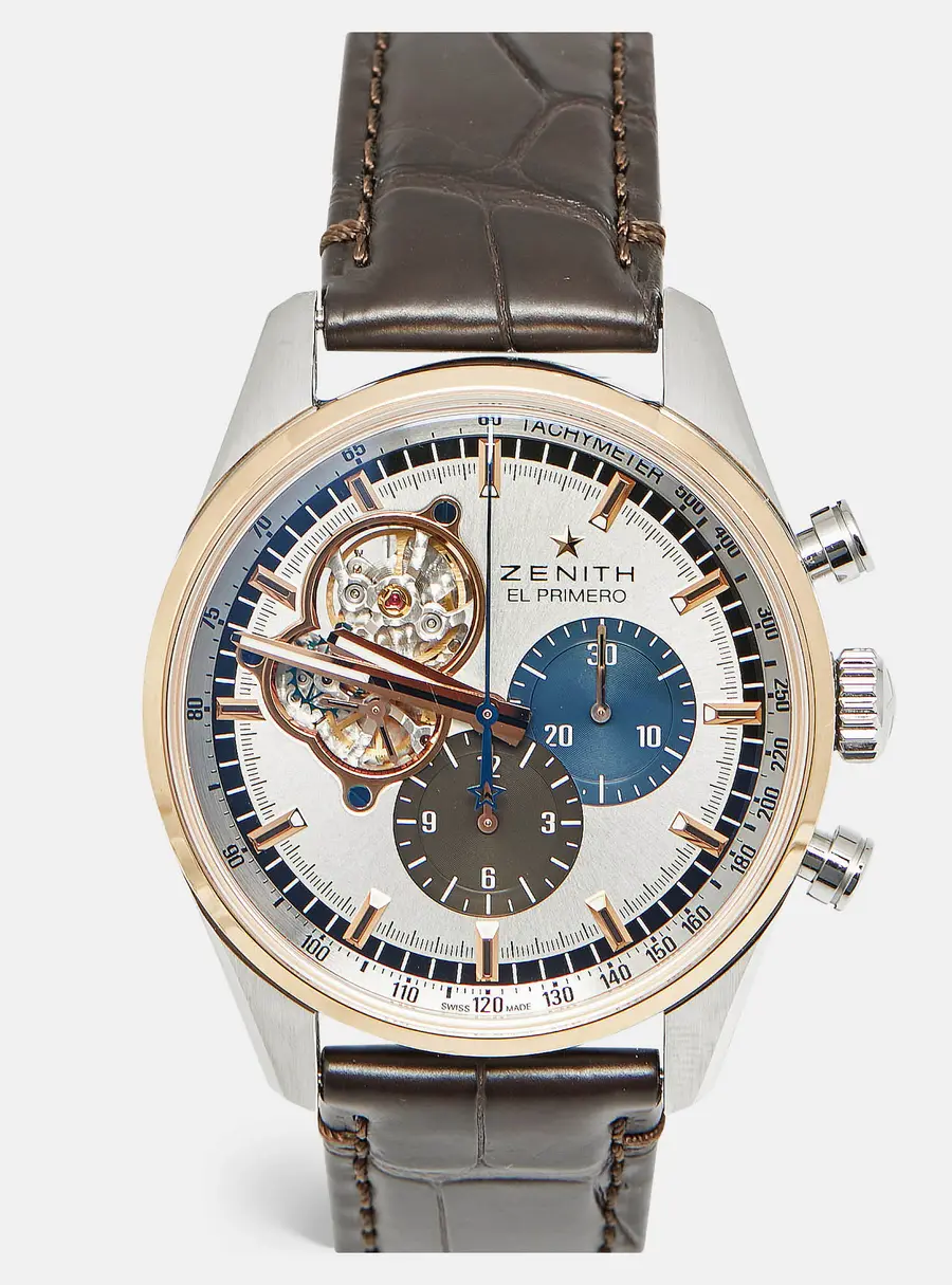 Zenith EL Primero Open 51.2080.4061/69.C494 Silver Dial 18K Rose Gold Stainless Steel Alligator Leather Men's Wristwatch 42 mm