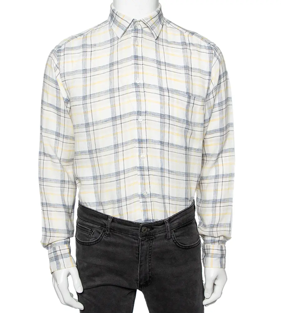 Zegna Sport Off-White Checked Linen Button Front Shirt M