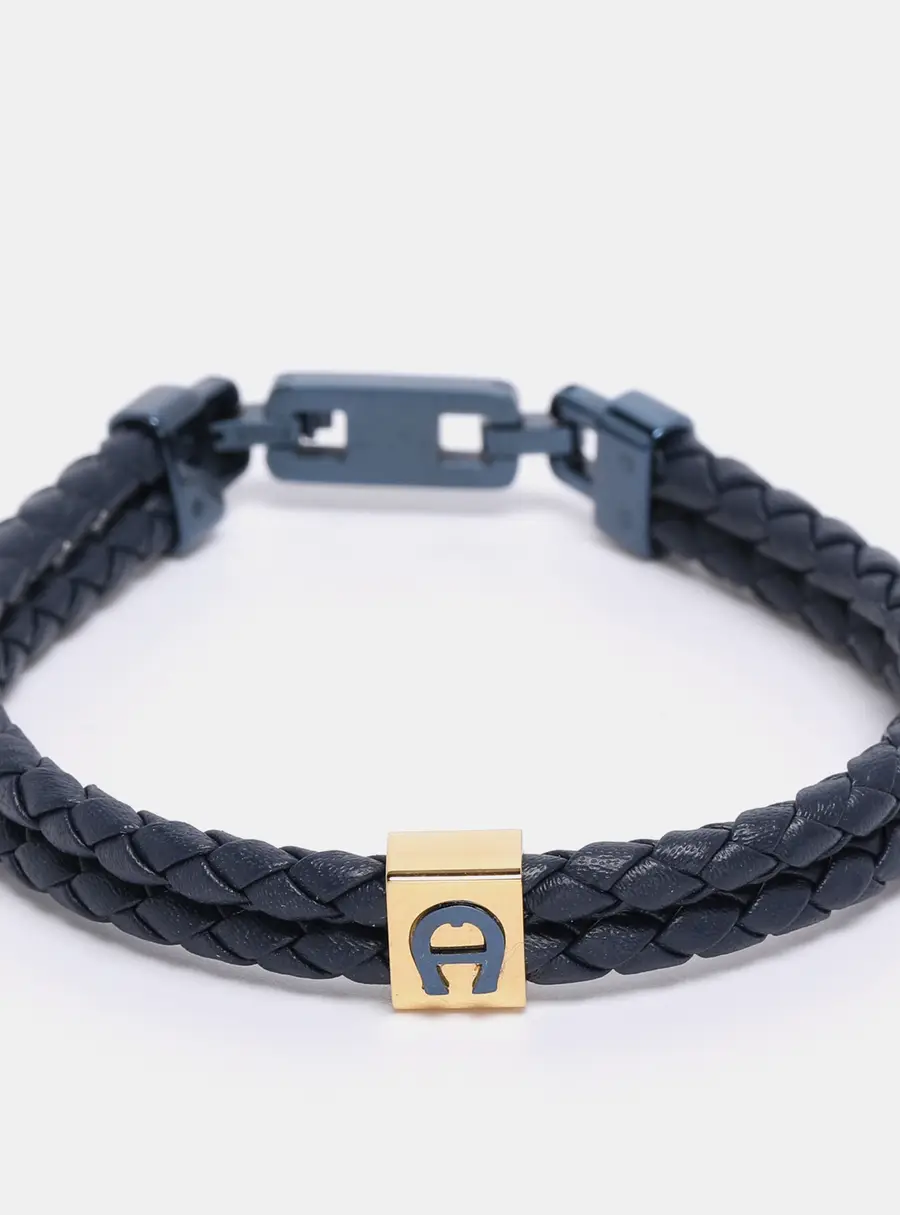 Aigner Navy Blue Leather Logo Cord Bracelet